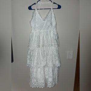 Lulus White Lace Ruffle Dress Large Criss Cross Bridal Midi Dress